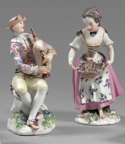 SAXE Set of three statuettes representing a young girl holding a basket of flowers,...