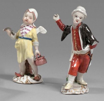 Allemagne Set of three statuettes representing two children and a Turk, polychrome...