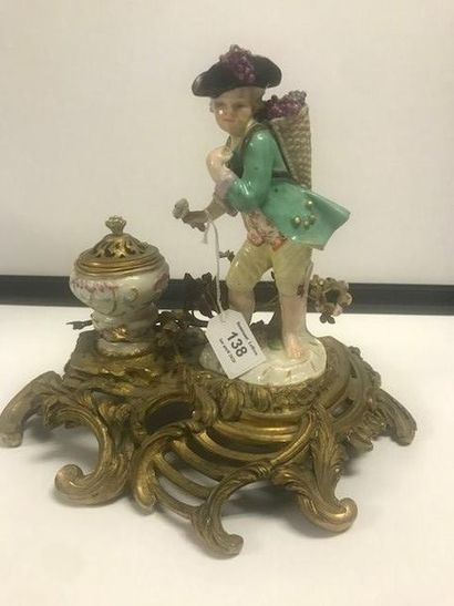MEISSEN Inkwell decorated with a small harvester carrying a basket on his shoulders,...
