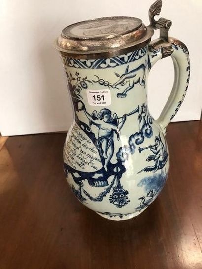 DELFT Covered jug decorated in blue monochrome with an inscription in Dutch that...