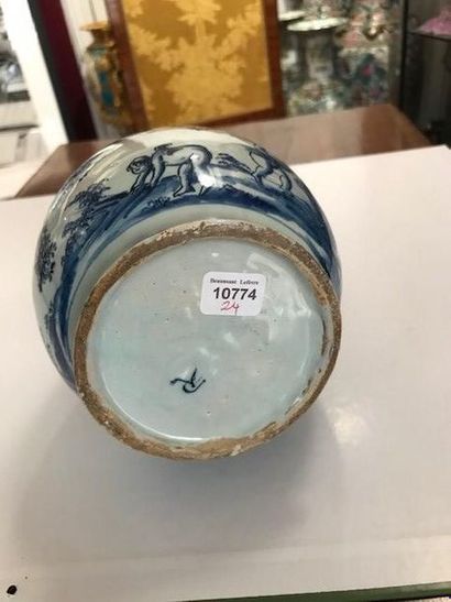 DELFT Covered jug decorated in blue monochrome with an inscription in Dutch that...