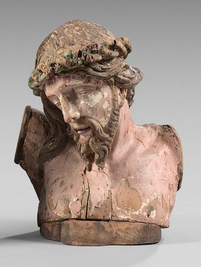 null Grande tête de Christ en bois polychrome.
Espagne, XVIIe siècle.
(Accidents).
Hauteur:...