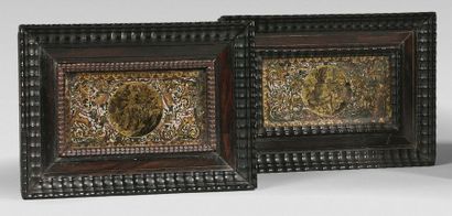 null Two panels in gilded, green and white agglomerated glass decorated with animated...