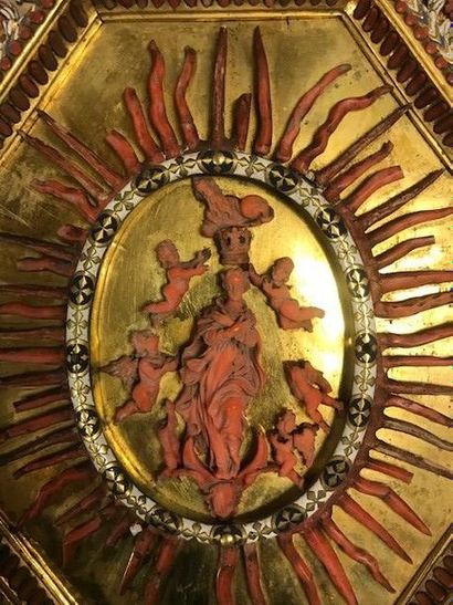  Large gilded brass medallion to hang, decorated with an Assumption of the Virgin...