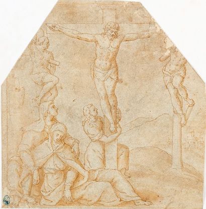École ITALIENNE du XVIe siècle Christ on the Cross, the Virgin and St. John
Feather...