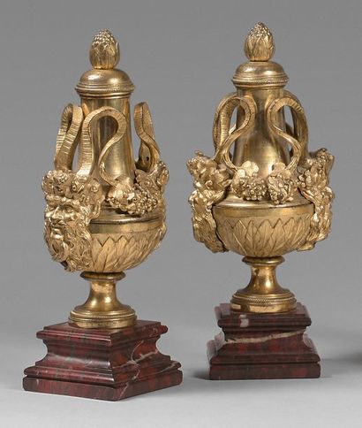 null Paire de vases couverts de forme balustre sur piédouche en bronze doré à deux...