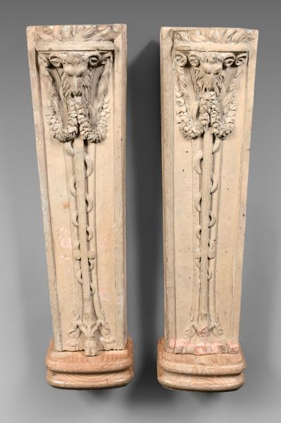 null Pair of terracotta sheaths decorated with ibex heads, garlands and caduceus.
Louis...