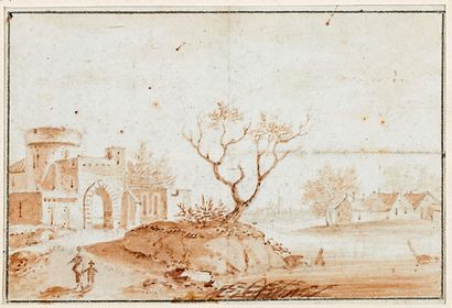 École FRANÇAISE du XVIIIe siècle - Animated landscape, brown wash. 10 x 14.6 cm
-...