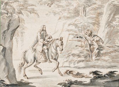 École FRANÇAISE du XVIIIe siècle - Paysage animé, lavis brun. 10 x 14,6 cm
- Deux...