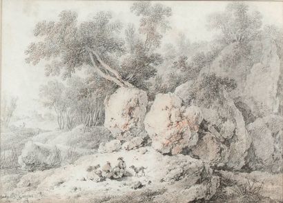 Jean PILLEMENT (1728-1808) Paysages animés
Deux dessins à la pierre noire et sanguine,...