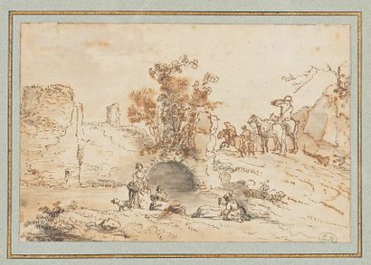Ecole Flamande du XVIIIe siècle The washerwomen and the hunter
Plume et lavis, stamped...