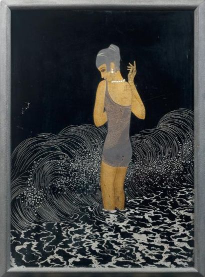 Jean DUNAND (1877-1942) Baigneuse, circa 1929 Laque noire gravée sur panneau et fond...