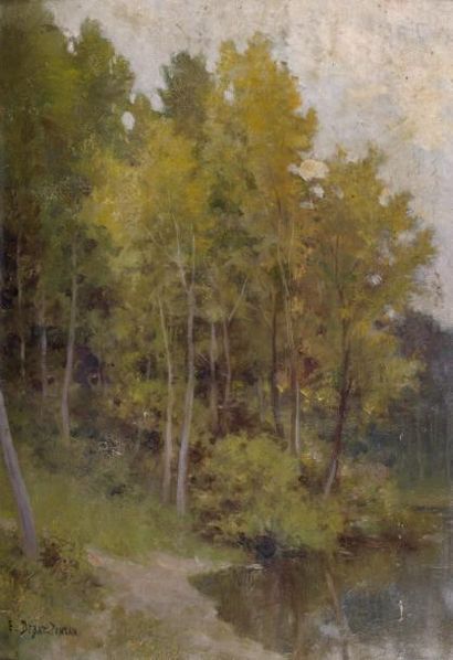 Édouard Bernard DEBAT-PONSAN (1847-1913) Étang en forêt Huile sur panneau, signée...