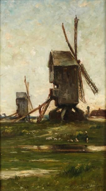 René TENER (1846-1925) Les moulins à vent Huile sur panneau, signée en bas à droite....