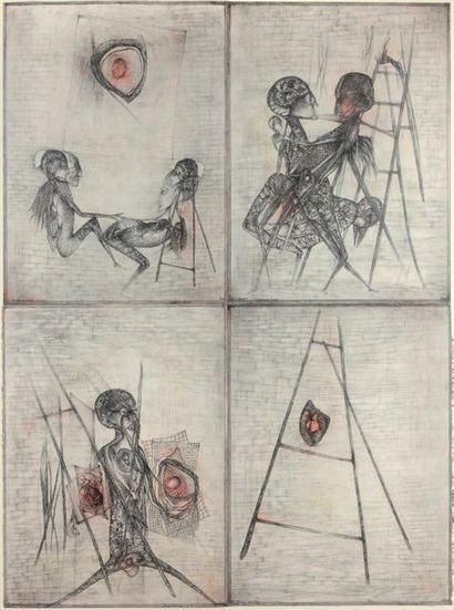 Fred DEUX (1924-2015) 
A suite of four black pencil and fade drawings enhanced with...