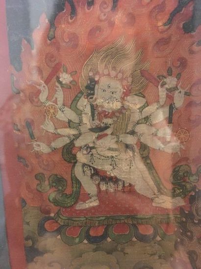 TIBET - XIXE SIÈCLE Dip on canvas, high tangka, blue Vajrabhairava with nine three-eyed...