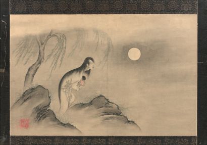 JAPON - XIXe siècle 
Encre et couleurs sur papier, représentant
Adachigahara sous...