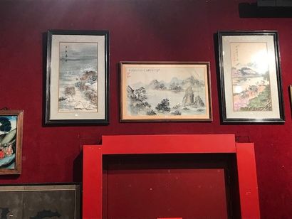 CHINE - XXe siècle 
Three inks and colors on paper, landscape by a lake, convoy of...