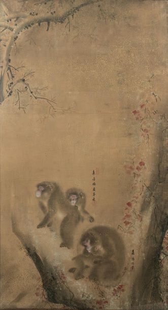 JAPON - Fin Époque EDO (1603-1868) 
Ink, colour and gold on paper, four monkeys sitting...