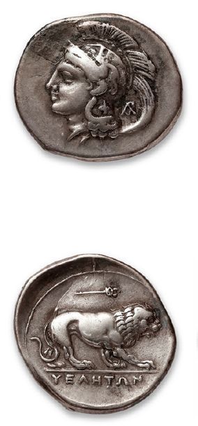 null Vélia (350-280 av. J.-C.)
Statère. 7,48 g.
Tête d'Athéna à droite, coiffée du...