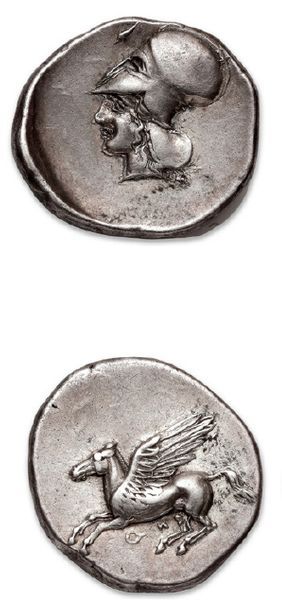 null CORINTHIE
Corinthe (400-350 av. J.-C.)
Statère. 8,49 g.
Tête d'Athéna à gauche,...