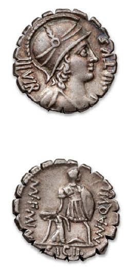 null AQUILIA (71 B.C.)
Denarius.
Helmet bust of the Value on the right.
R/ The Consul...