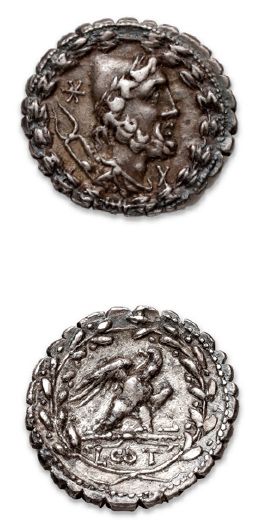 null AURELIA (105 BC) Serratus
denarius (serrated).
Bearded Vulcan head on the right.
R/...