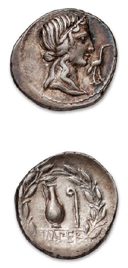 null CAECILIA (81 B.C.)
Denarius.
Diademed head of Piety on the right. R/ Lituus...