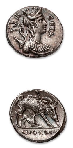 null HOSIDIA (68 B.C.)
Denarius.
Diademed bust of Diana on the right.
A. Calydon's...