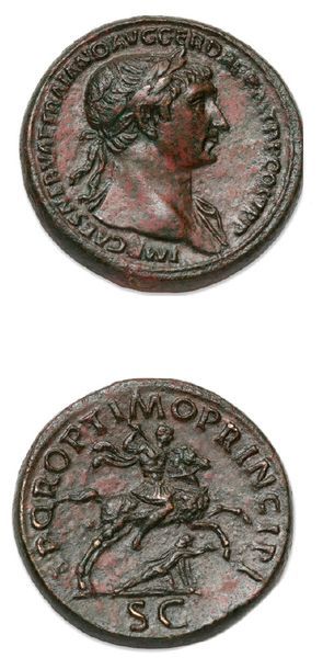 null TRAJAN (98-117)
Sesterce (107).
Sa tête laurée à droite.
R/ L'empereur galopant...