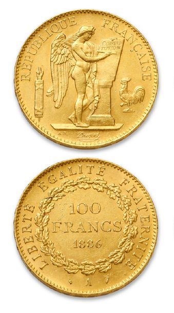 null TROISIÈME RÉPUBLIQUE (1871-1940)
100 francs or Génie. 1886. Paris.
G. 1137.
TTB...
