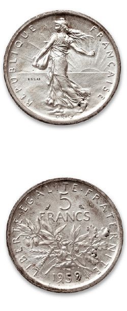 null CINQUIÈME RÉPUBLIQUE
5 francs Semeuse. 1959. Essai. Argent.
1 franc Semeuse....