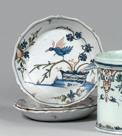 LA ROCHELLE Three plates with contoured rim, decorated in blue, green and bird ochre...