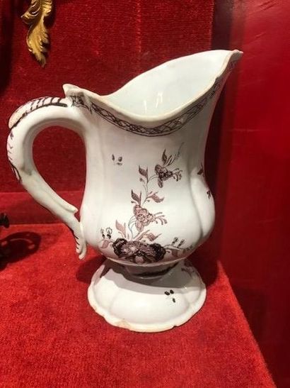 SAINT-AMAND Pitcher decorated in purple monochrome with flower mounds, fence and...