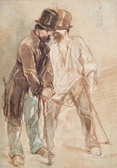Paul GAVARNI (1804-1866) 
Deux hommes en conversation
Aquarelle.
19,3 x 16,6 cm