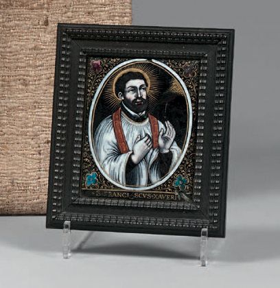 null Plaque rectangulaire en émail polychrome représentant saint
François Xavier...