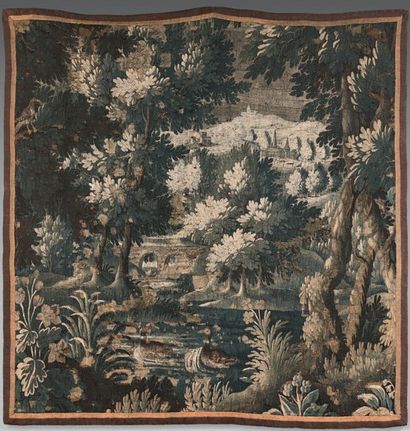 null Petite tapisserie ornée de canards dans un paysage avec château et rivière.
Aubusson,...