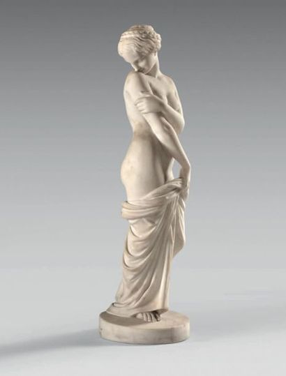 null Grande statuette en marbre blanc: Vénus au bain.
Base ronde.
Fin du XIXe siècle.
Hauteur:...
