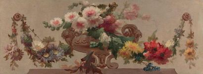École Française du XIXe siècle 
Vase de fleurs et guirlandes
Dessus de porte, huile...