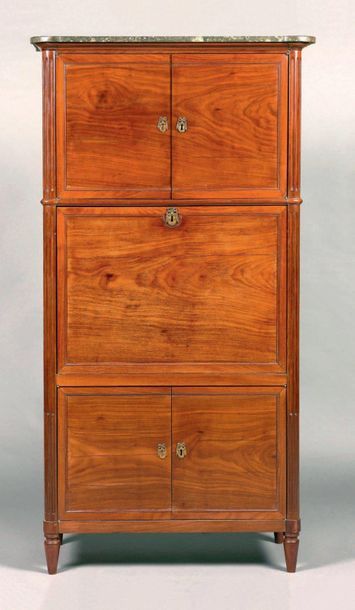 null Moulded mahogany sash secretary opening with two leaves at the top, one flap...
