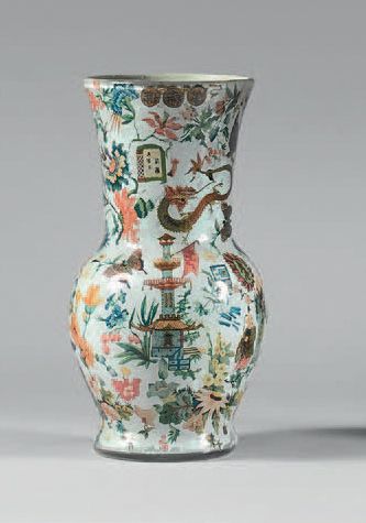 null Baluster-shaped vase made of blown glass with polychrome engravings with Chinese...