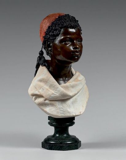 Raimondo PEREDA (1840-1915) 
Buste de jeune nubien coiffé d'une chéchia en bronze...