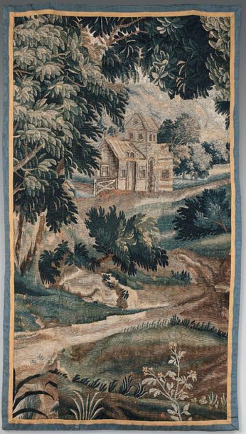 null Tapisserie portière ornée d'un paysage avec un bâtiment.
Aubusson, XVIIIe siècle.
(Fragment,...