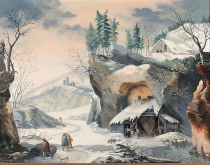 D'après Francesco FOSCHI Mountain landscape under the snow, animated with characters
Oil...