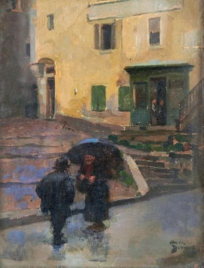André DEVAMBEZ (1867-1943) 
Jour de pluie
Huile sur panneau, signée en bas à droite.
15...