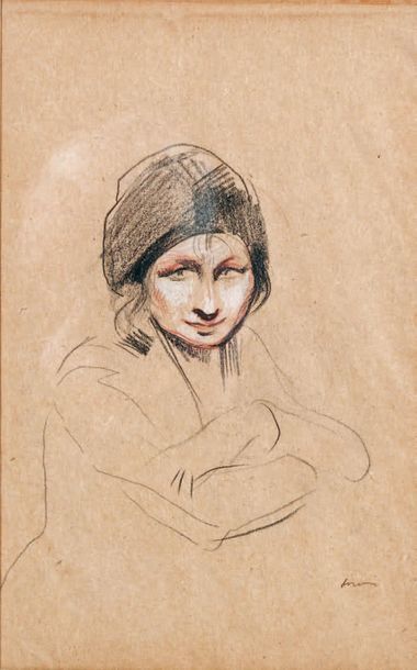 Jean-Louis FORAIN (1852-1931) 
Jeune femme au bonnet
Dessin au crayon noir rehaussé...
