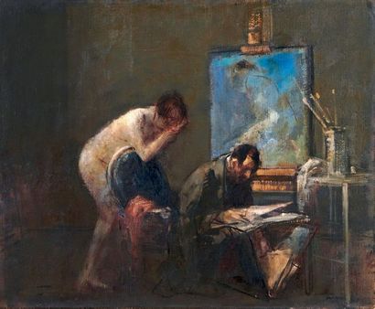 Jean-Louis FORAIN (1852-1931) 
Dans l'atelier, 1928
Huile sur toile, signée et datée...