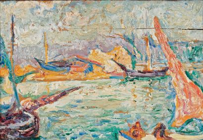 Henri PERSON (1876-1926) 
Le port de Saint-Tropez
Huile sur panneau, signée en bas...