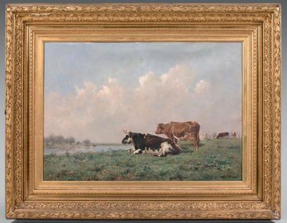 Victor BINET (1849-1924) 
Vaches au pré
Huile sur toile, signée en bas à droite.
65...