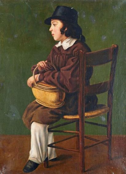 École Française du XIXe siècle 
Le petit paysan assis au panier
Huile sur papier...